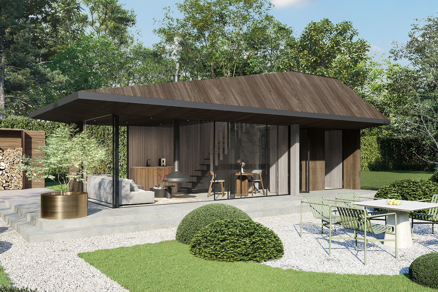Luxe modern gastenverblijf voor in de tuin van hout met grote ramen in een modern tuinontwerp