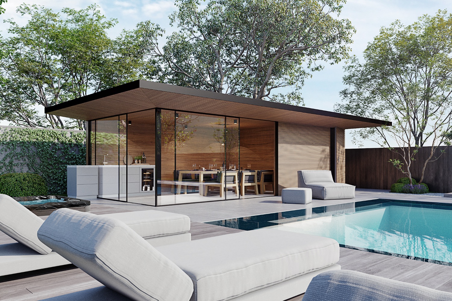 Luxe modern poolhouse van hout met berging en buitenkeuken van Bronkhorst